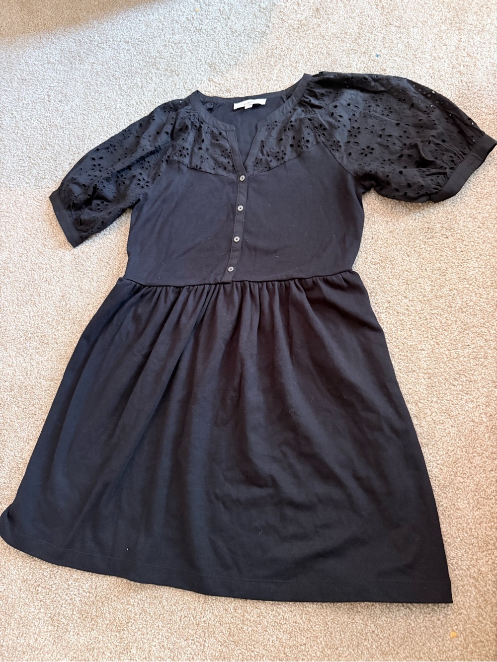 LOFT Black Eyelet Puff-Sleeve Button-Front Casual Dress